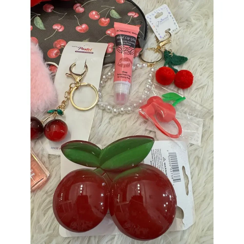 Cherry lovers 10 items bundle makeup pouch headband hair claw lip gloss lip balm